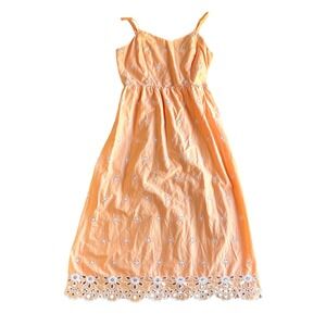 Old Navy Peach Orange Floral Eyelet Midi Dress Womens Medium Smocked Back Cotton